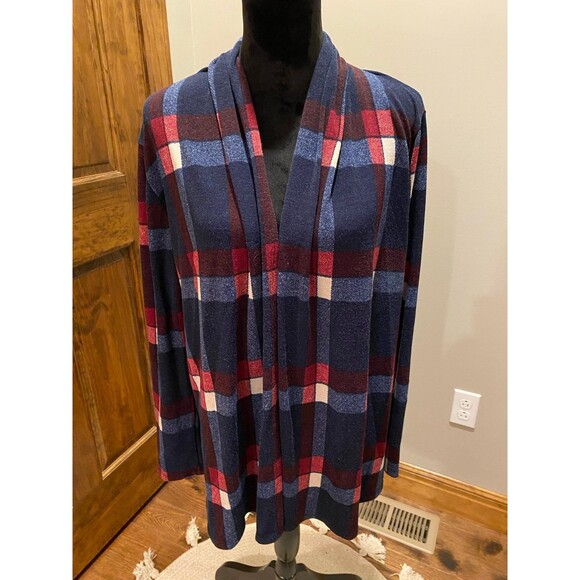 EGY Womans Jacket Plus Sz XL Navy Burgundy Plaid Open Front Light Fleece - Picture 3 of 11